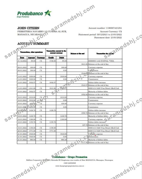 Nicaragua Banco de la Producción bank statement Excel and PDF template